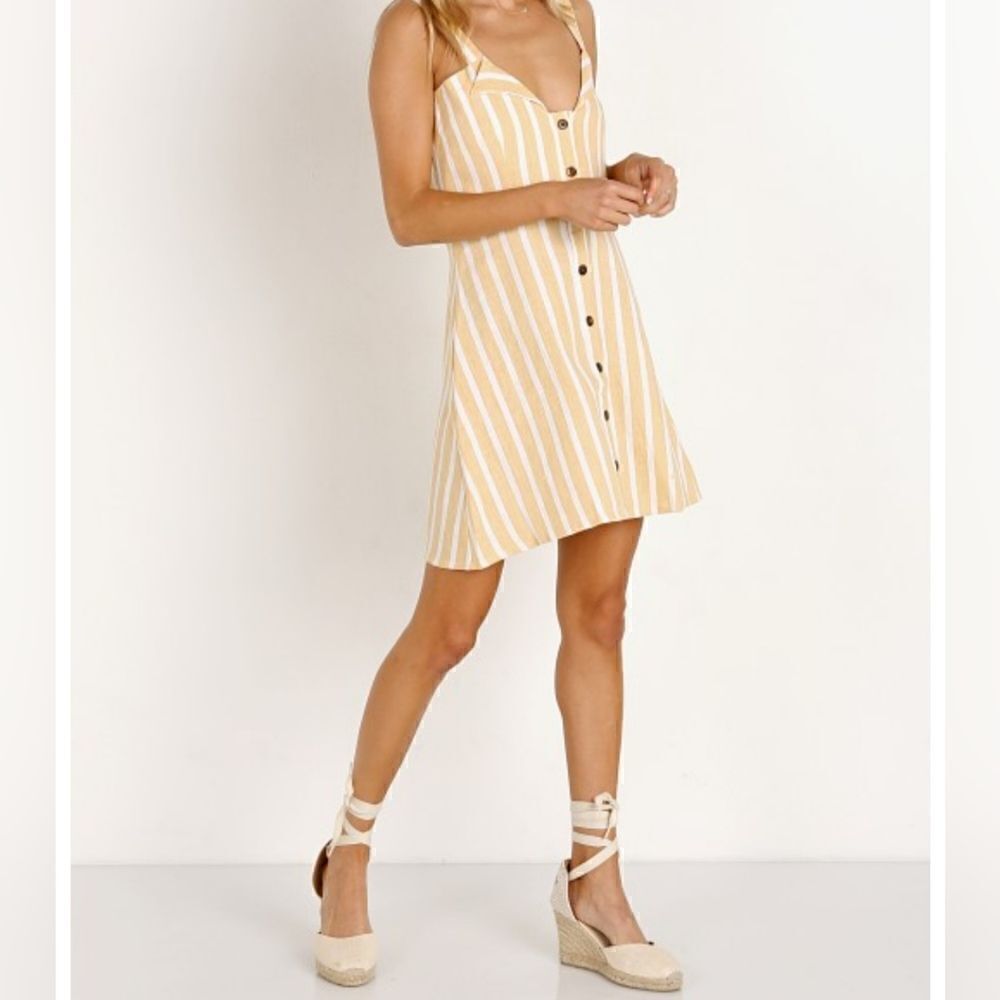 Faithfull the Brand Le Petite Mazur Striped Lemon Yellow and White Linen Dress